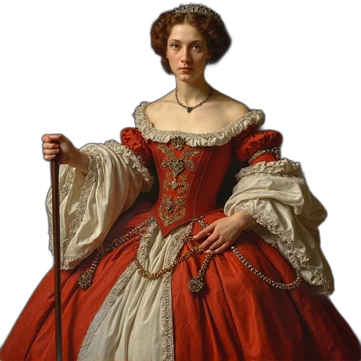 dress, jewelry, crown, staff, oil painting, photorealistic, concept art, red transparent PNG cut-out