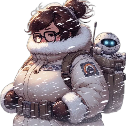 jacket, staff, robot, creature, concept art, cyberpunk, pixel art, watercolor transparent PNG cut-out