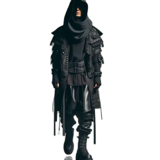 jacket, mask, staff, concept art, cyberpunk, fantasy art, 3d render, dark transparent PNG cut-out