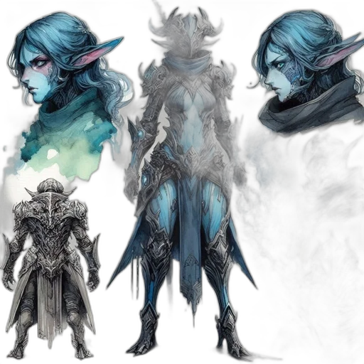concept art, fantasy art, comic book art, blue, dark, pastel, monochrome, central transparent PNG cut-out