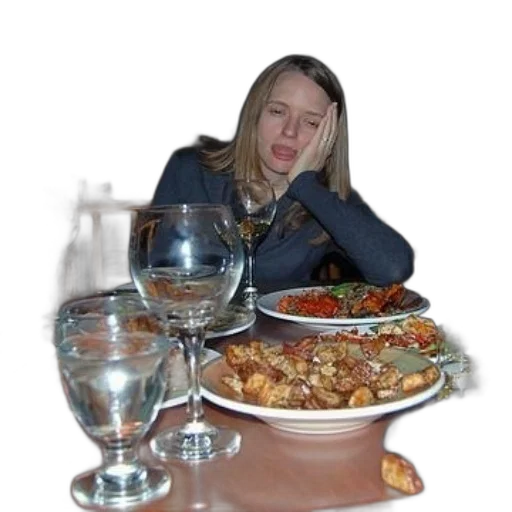 food, face, jacket, creature, 3d render, woman, sits, table transparent PNG cut-out