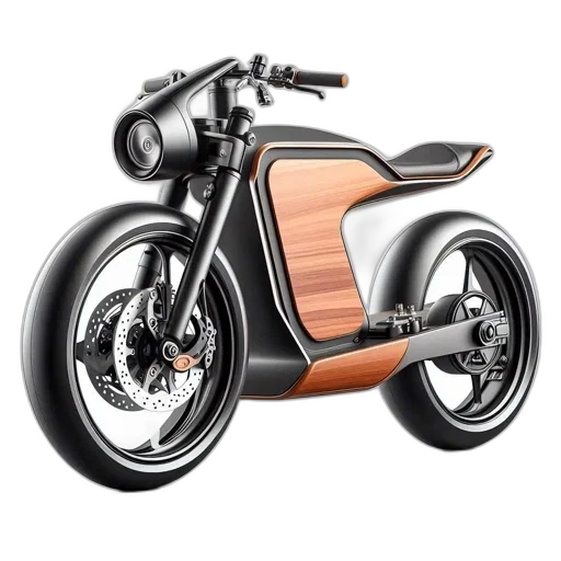 3d render, concept art, photorealistic, unique, motorcycle, black, frame, wooden transparent PNG cut-out