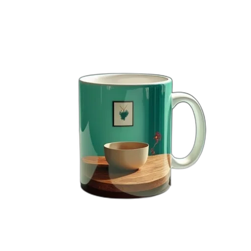 robot, 3d render, photorealistic, vaporwave, pixel art, ceramic, mug, glossy transparent PNG cut-out