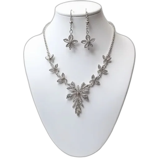 jewelry, crown, silver, necklace, floral, design, pair, matching transparent PNG cut-out