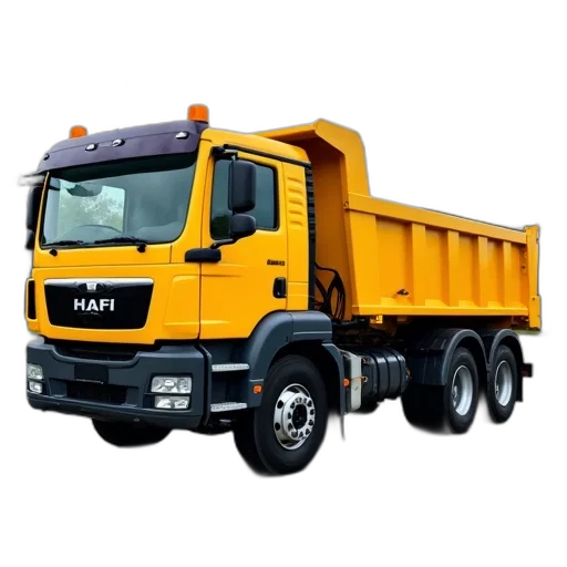 animal, photorealistic, 3d render, yellow, dump, truck, parked, parking transparent PNG cut-out
