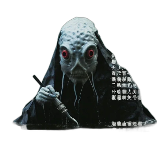 mask, creature, staff, robot, concept art, 3d render, photorealistic, grotesque transparent PNG cut-out