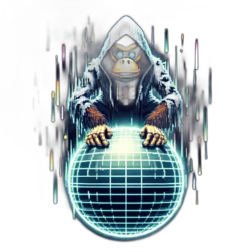 robot, mask, jacket, staff, cyberpunk, pixel art, concept art, vaporwave transparent PNG cut-out