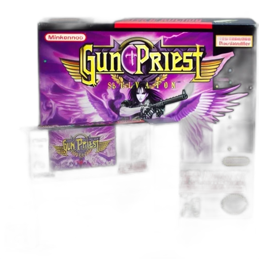 nes, cartridge, gunpriest, shown, alongside, box, featuring, game transparent PNG cut-out