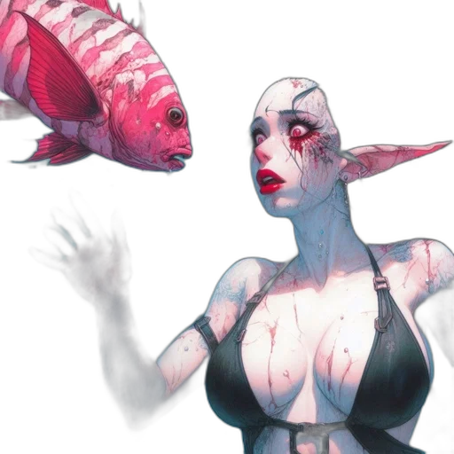 creature, concept art, fantasy art, comic book art, watercolor, underwater, red, pastel transparent PNG cut-out