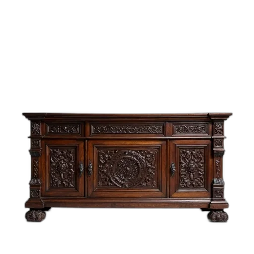 furniture, crown, staff, wooden, dresser, intricate, carvings, dark transparent PNG cut-out