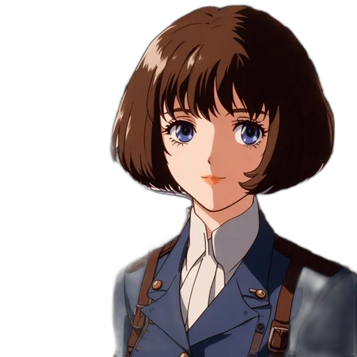 face, staff, jacket, hair, anime, cartoon, pixel art, photorealistic transparent PNG cut-out