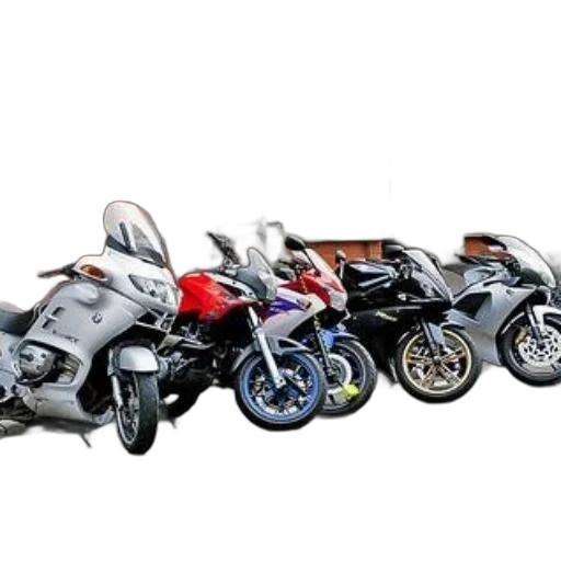 3d render, row, motorcycles, parked, front, brick, building, sign transparent PNG cut-out