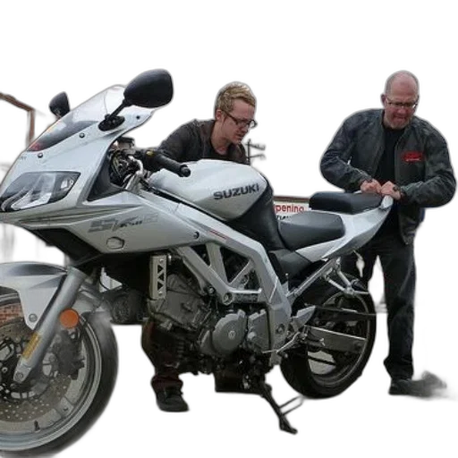 two, men, inspecting, white, suzuki, motorcycle, outdoor, setting transparent PNG cut-out