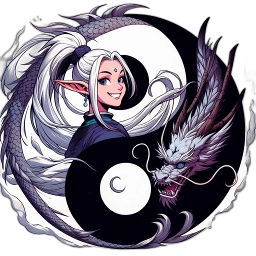 dragon, anime, fantasy art, comic book art, concept art, monochrome, dark, elf-like transparent PNG cut-out