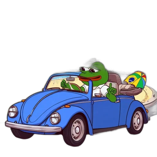 car, beach, fire, animated, green, frog, drives, blue transparent PNG cut-out