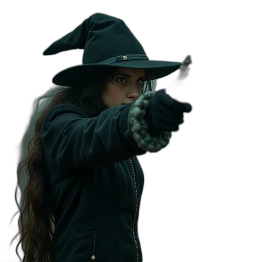 weapon, staff, hat, jacket, concept art, comic book art, photorealistic, witch transparent PNG cut-out