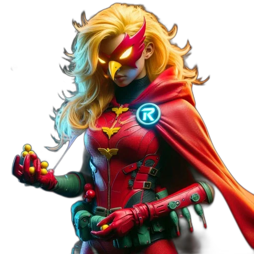 comic book art, concept art, 3d render, fantasy art, red, character, gold, costume transparent PNG cut-out