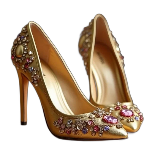 shoes, jewelry, 3d render, photorealistic, golden, gold, pair, high transparent PNG cut-out