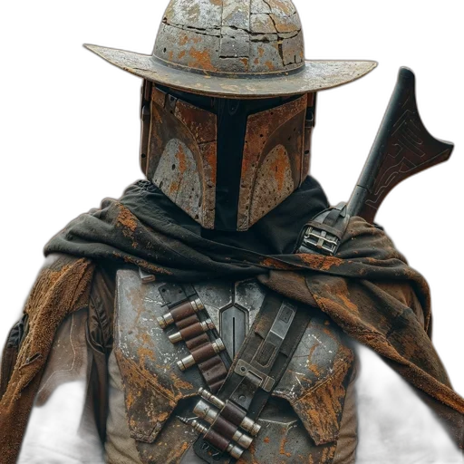 staff, hat, jacket, mask, concept art, 3d render, fantasy art, earth tones transparent PNG cut-out