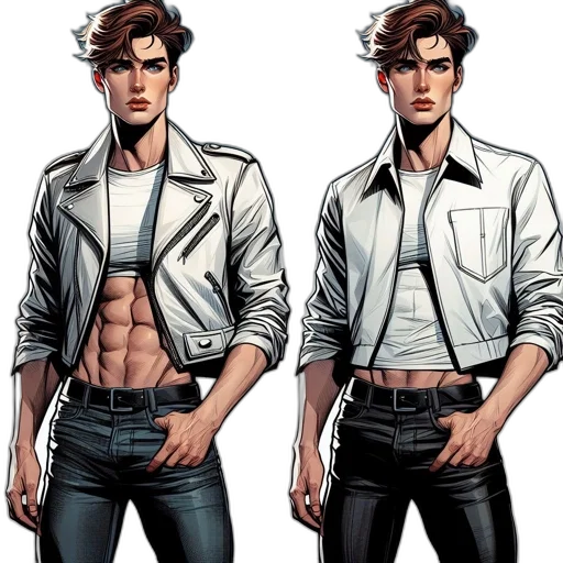 jacket, comic book art, concept art, cartoon, two, identical, male, animated transparent PNG cut-out
