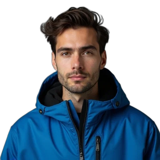 jacket, face, staff, photorealistic, 3d render, cyberpunk, blue, man transparent PNG cut-out