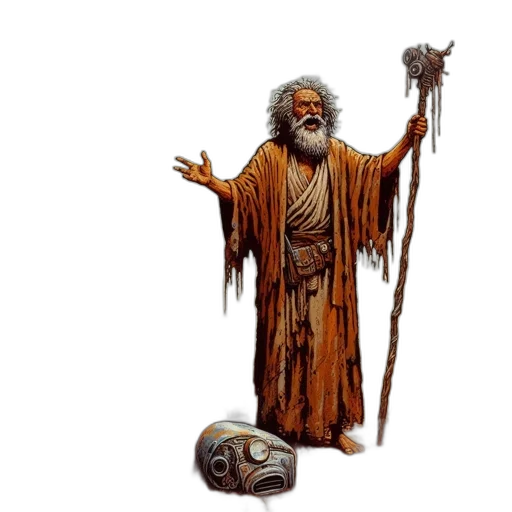 staff, creature, concept art, fantasy art, aged, figure, stands, amidst transparent PNG cut-out