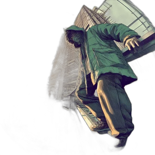 jacket, concept art, comic book art, cyberpunk, photorealistic, city street, green, figure transparent PNG cut-out