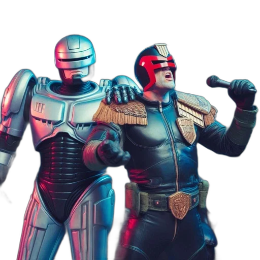 robot, concept art, 3d render, comic book art, outer space, two, characters, occupy transparent PNG cut-out