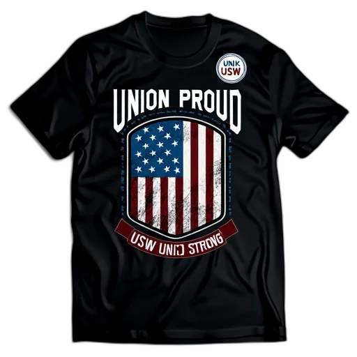 black, t-shirt, graphic, design, reads, union, proud, usw transparent PNG cut-out