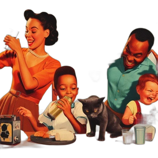 concept art, vintage-styled, illustration, family, enjoys, drinks, cake, while transparent PNG cut-out
