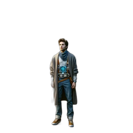 jacket, staff, robot, concept art, pixel art, 3d render, photorealistic, blue transparent PNG cut-out