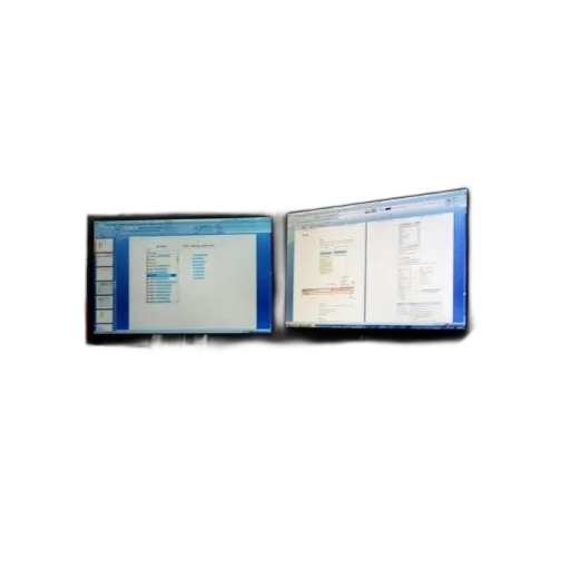 3d render, computer, desk, two, monitors, laptop, keyboard, mouse transparent PNG cut-out