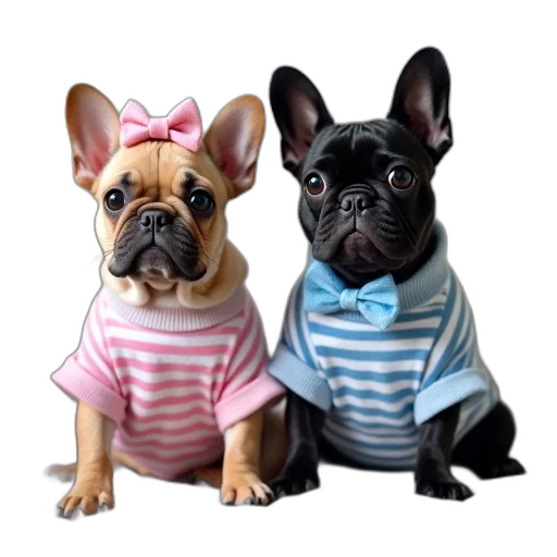 dress, animal, photorealistic, 3d render, pastel, two, french, bulldogs transparent PNG cut-out