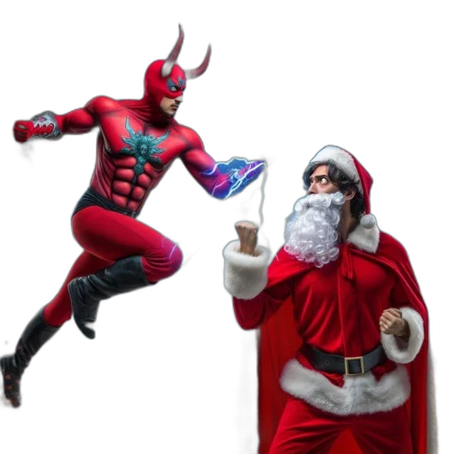 concept art, comic book art, winged, devil, confronts, santa, claus, stormy transparent PNG cut-out