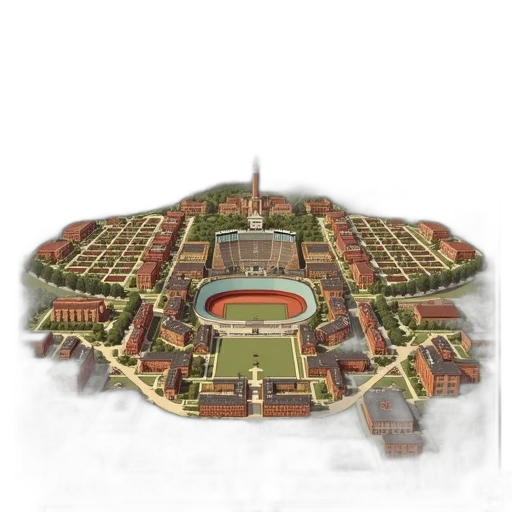 concept art, 3d render, vintage-style, map, university, cincinnati, campus, featuring transparent PNG cut-out