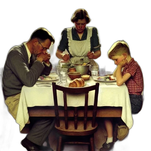 food, oil painting, photorealistic, family, three, prays, around, dining transparent PNG cut-out