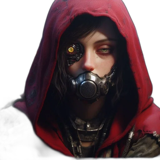mask, face, weapon, concept art, cyberpunk, fantasy art, photorealistic, red transparent PNG cut-out