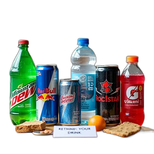 bottle, food, collection, various, beverages, snacks, displayed, table transparent PNG cut-out