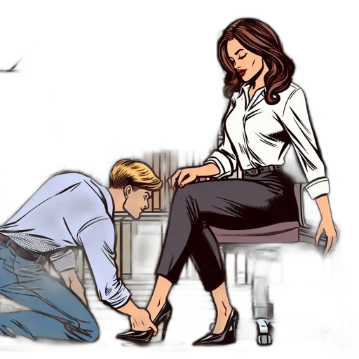 shoes, comic book art, cartoon, concept art, domestic, interior, man, kneels transparent PNG cut-out