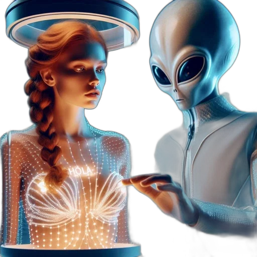 robot, concept art, vaporwave, 3d render, outer space, neon lights, underwater, woman transparent PNG cut-out