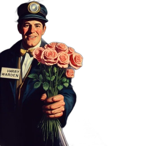 jacket, cheerful, man, miner, uniform, holds, bouquet, pink transparent PNG cut-out