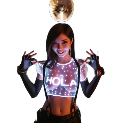 robot, jacket, jewelry, staff, cyberpunk, concept art, neon lights, woman transparent PNG cut-out