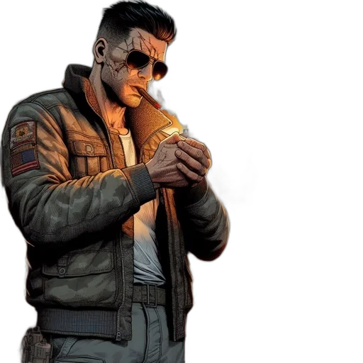 jacket, weapon, cyberpunk, concept art, 3d render, comic book art, ruggedly, dressed transparent PNG cut-out