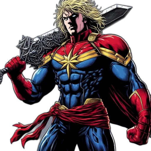 sword, comic book art, concept art, individual, portrayed, superhero, holds, unique transparent PNG cut-out