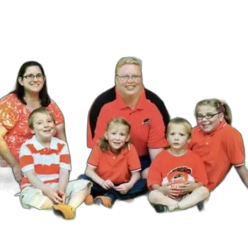 staff, red, family, six, dressed, orange, poses, outdoors transparent PNG cut-out