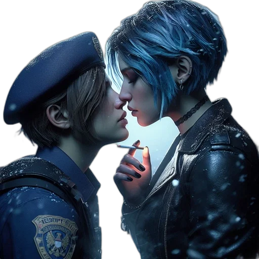 jacket, cyberpunk, concept art, photorealistic, neon lights, blue, two, individuals transparent PNG cut-out