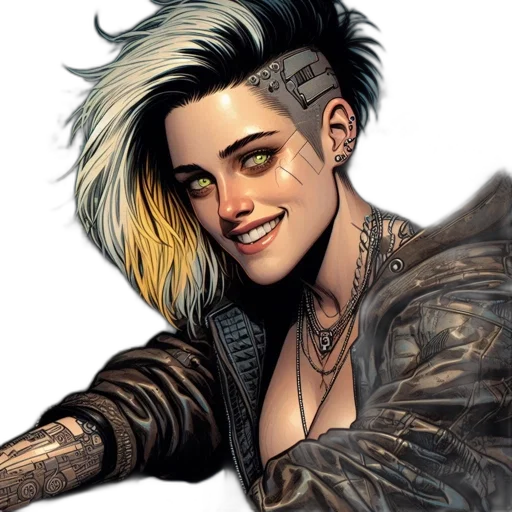 jacket, comic book art, cyberpunk, concept art, fantasy art, unconventional, woman, bald transparent PNG cut-out