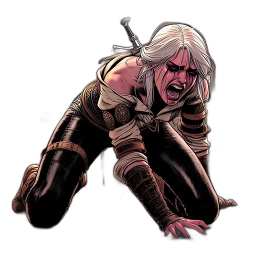 comic book art, concept art, wounded, woman, detailed, outfit, kneels, anguish transparent PNG cut-out