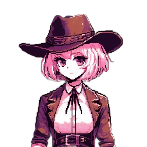 hat, staff, jacket, weapon, pixel art, anime, concept art, cartoon transparent PNG cut-out