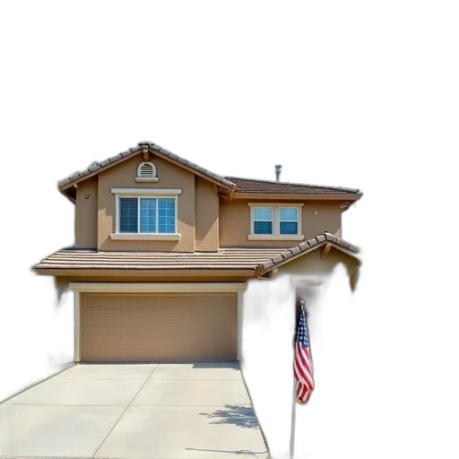 building, 3d render, photorealistic, two-story, house, brown, roof, beige transparent PNG cut-out
